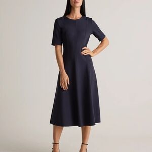 Quince Navy A-Line Midi Dress with Short Sleeves